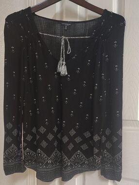 Lucky Brand Black Top with White Tassel & Geo Print